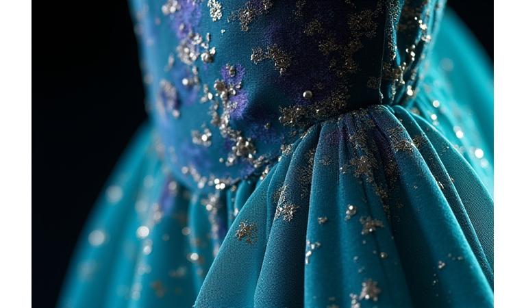 Détail d'une robe de haute couture confectionnée avec un tissu Étoffe Lointaine, présentant une texture riche et des couleurs subtiles.
