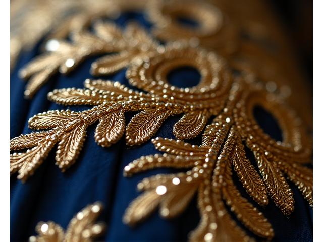 Broderie d'or complexe sur robe de haute couture