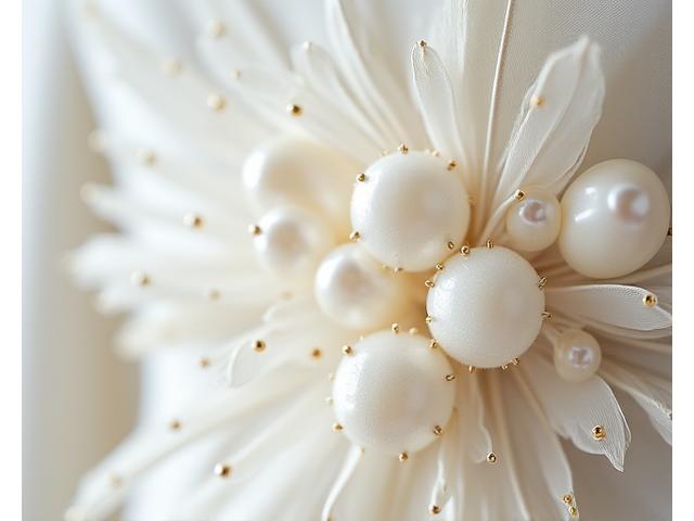 Détail de plumes et perles cousues main sur un vêtement de haute couture