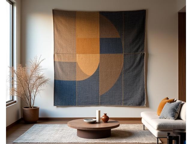 Grande tenture murale en soie tissée-main aux motifs géométriques pour un intérieur de luxe