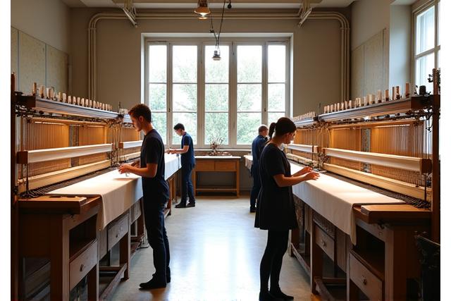 Vue intérieure de l'atelier parisien Étoffe Lointaine, avec des maîtres artisans travaillant sur des métiers à tisser traditionnels.