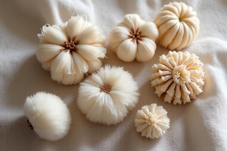 Assortiment de différentes fibres naturelles et luxueuses, comme la soie, la laine et le lin, présentées pour le sourcing.