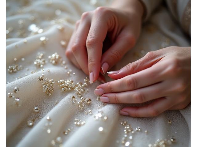 Tissage haute couture, mains délicates travaillant sur un tissu de luxe avec des perles et des broderies