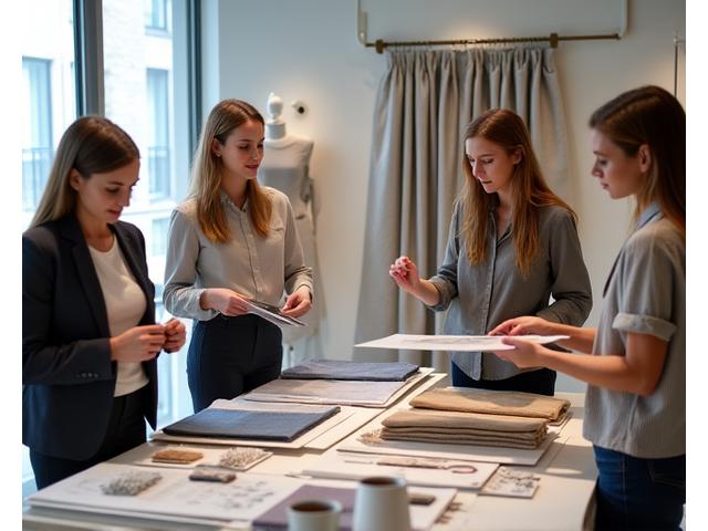 Conseil textile, architectes d'intérieur examinant des échantillons de tissu haut de gamme dans un studio élégant